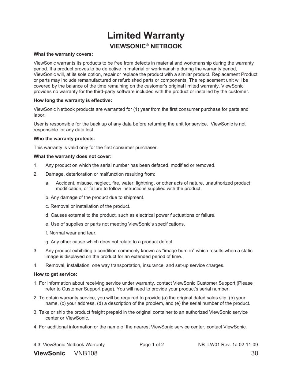 Limited warranty, Viewsonic, Netbook | VIEWSONIC VS13329 User Manual | Page 36 / 38