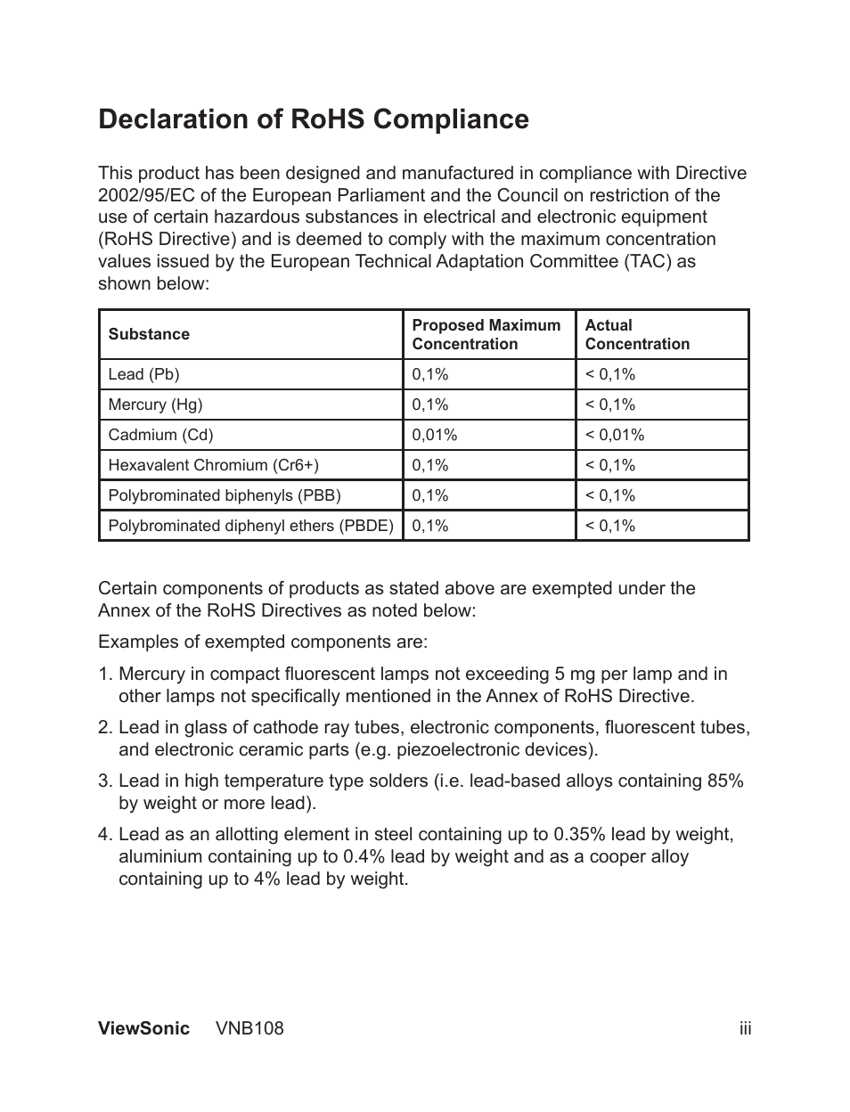 Declaration of rohs compliance | VIEWSONIC VS13329 User Manual | Page 4 / 38