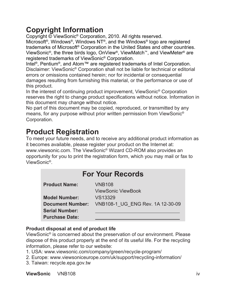 Copyright information, Product registration, For your records | VIEWSONIC VS13329 User Manual | Page 5 / 38