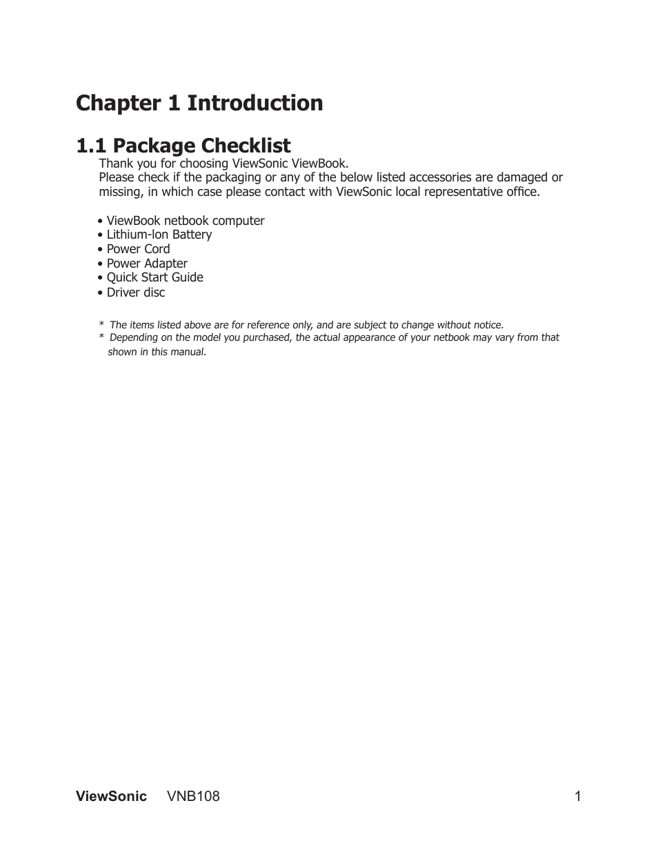 Chapter 1 introduction, 1 package checklist | VIEWSONIC VS13329 User Manual | Page 7 / 38