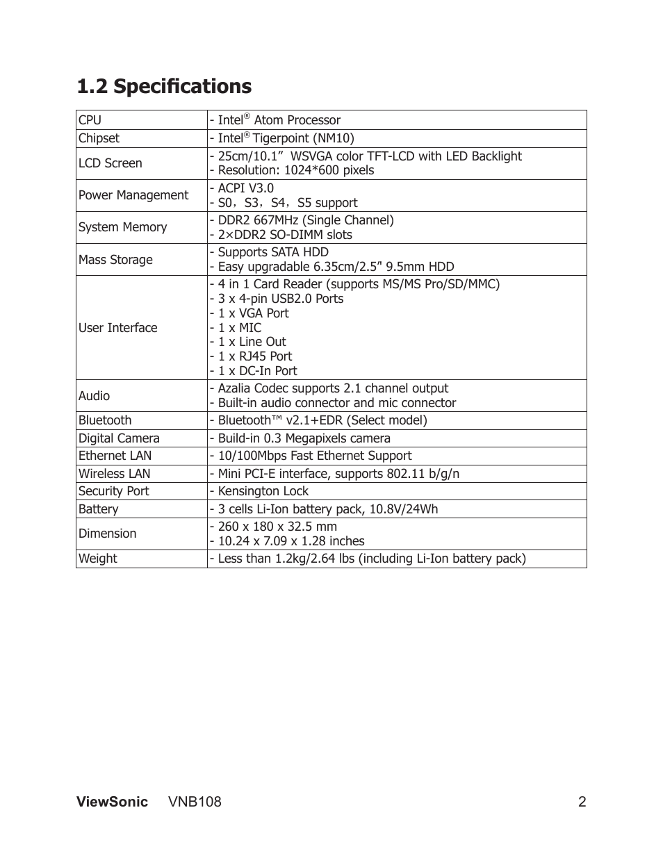 2 specifications | VIEWSONIC VS13329 User Manual | Page 8 / 38