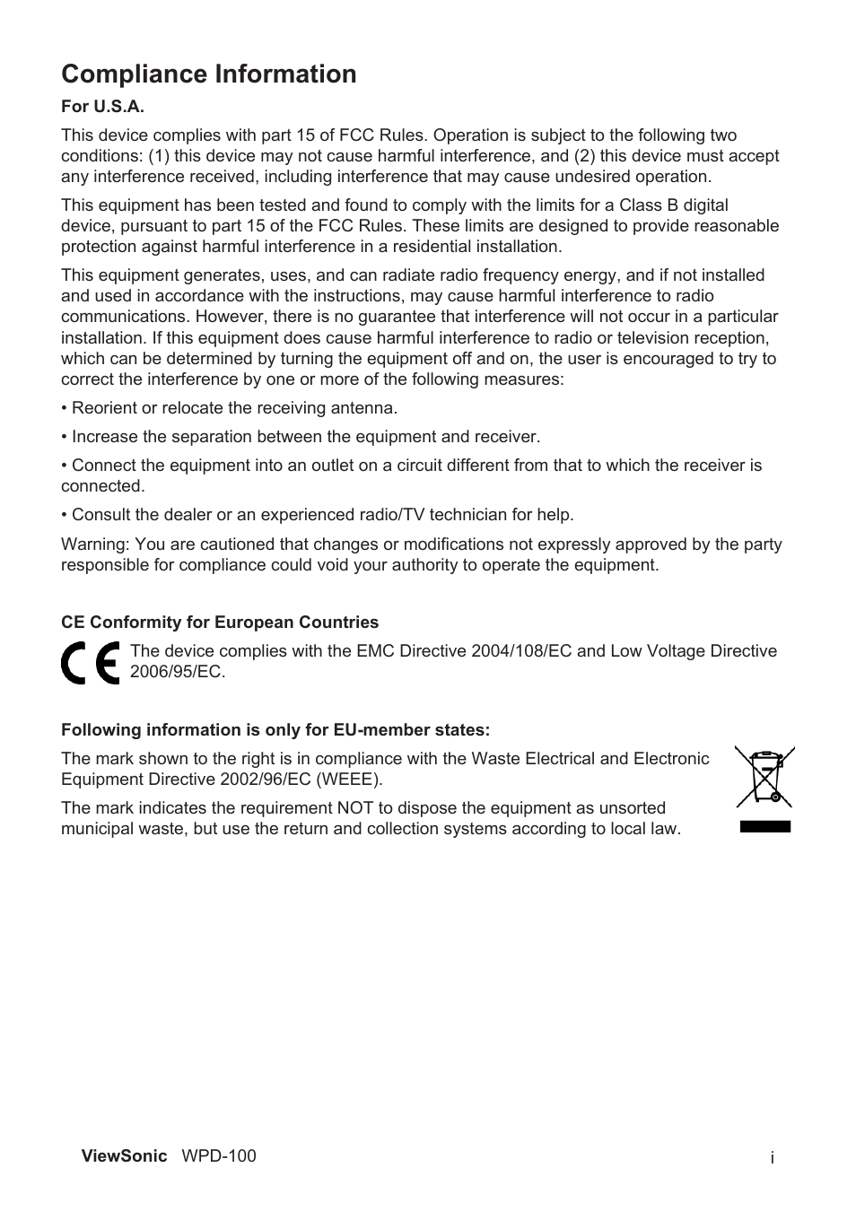 Compliance information | VIEWSONIC WPD-100 VS13789 User Manual | Page 2 / 60