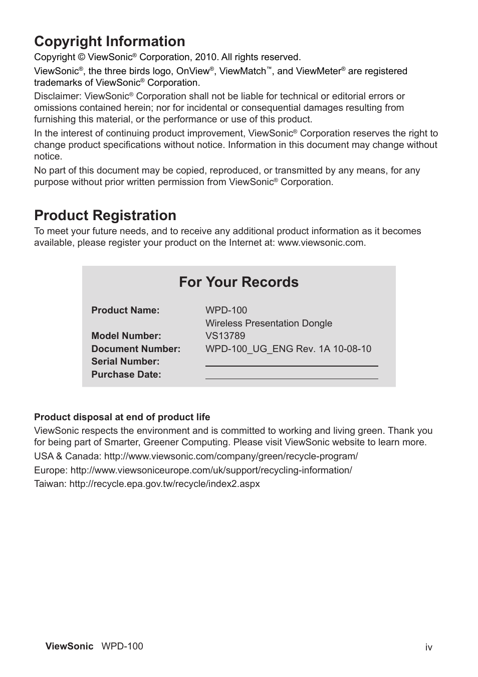 Copyright information, Product registration, For your records | VIEWSONIC WPD-100 VS13789 User Manual | Page 5 / 60