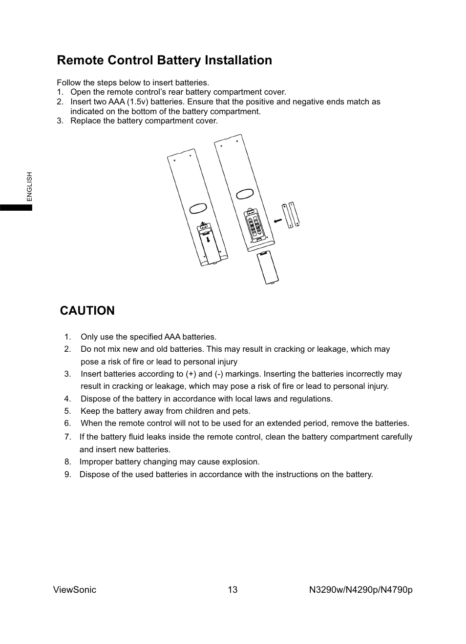 Remote control battery installation, Caution | VIEWSONIC VS12279-1G User Manual | Page 15 / 31