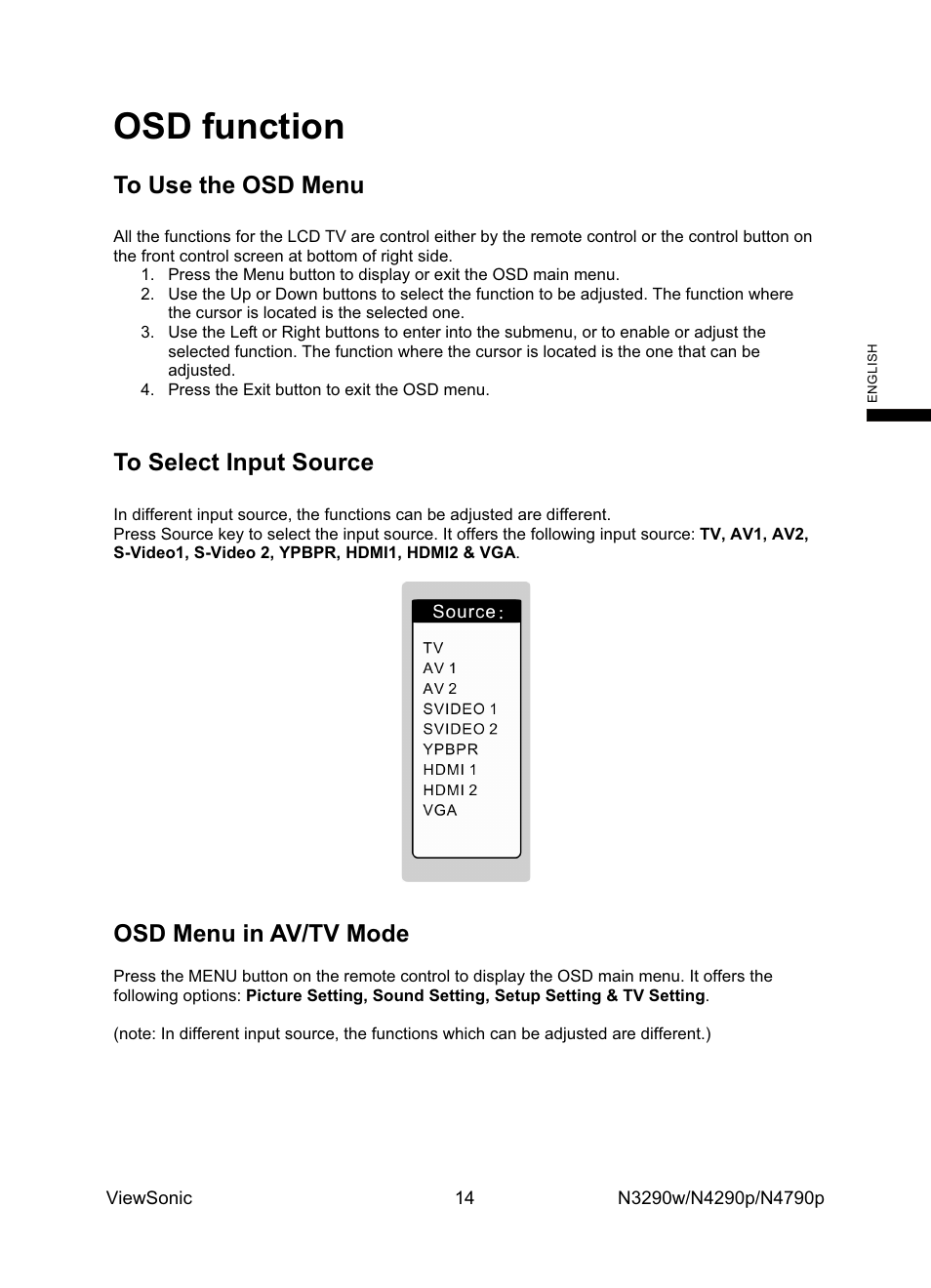 Osd function, Osd menu in av/tv mode | VIEWSONIC VS12279-1G User Manual | Page 16 / 31