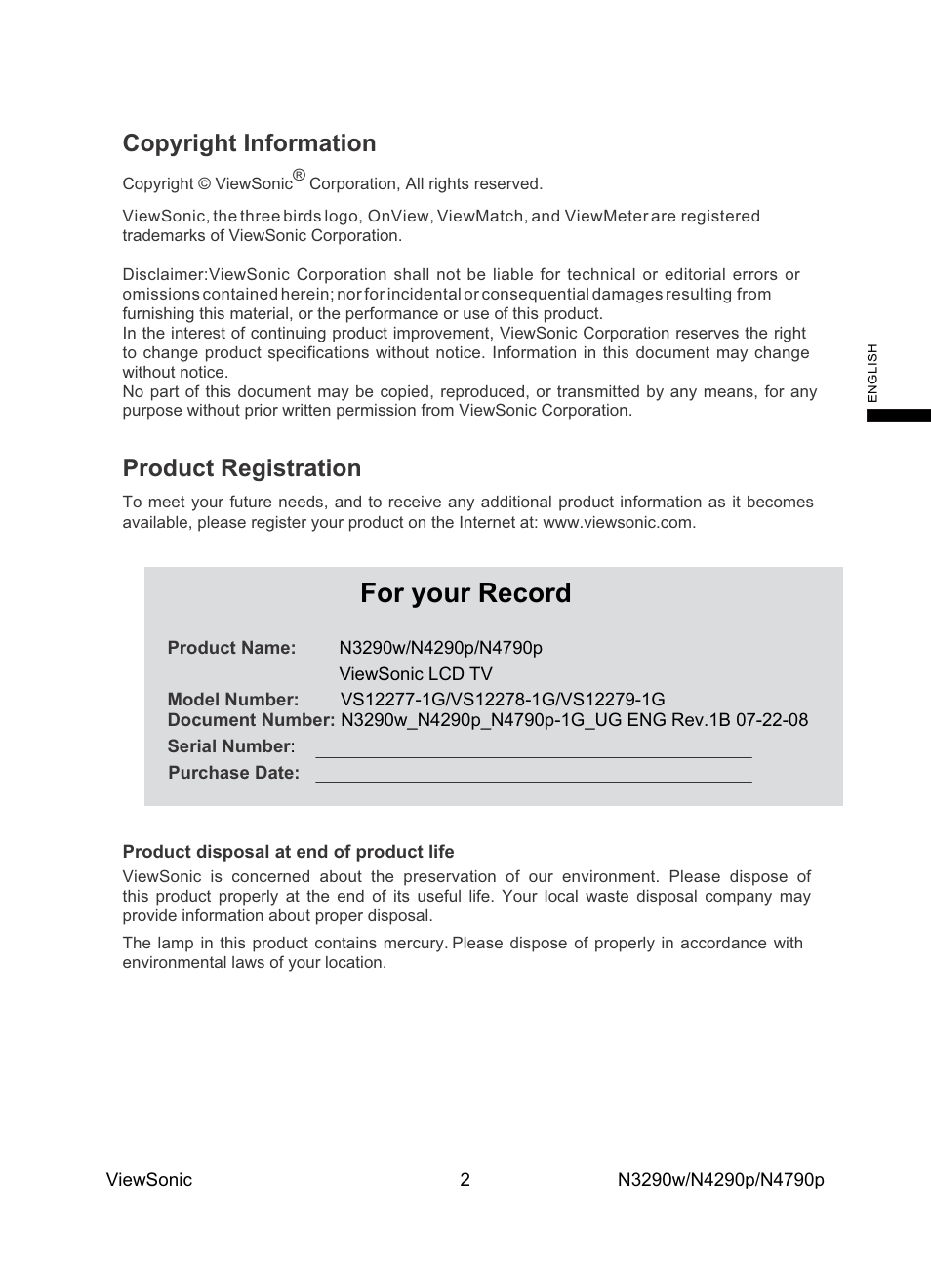 For your record, Copyright information, Product registration | VIEWSONIC VS12279-1G User Manual | Page 4 / 31