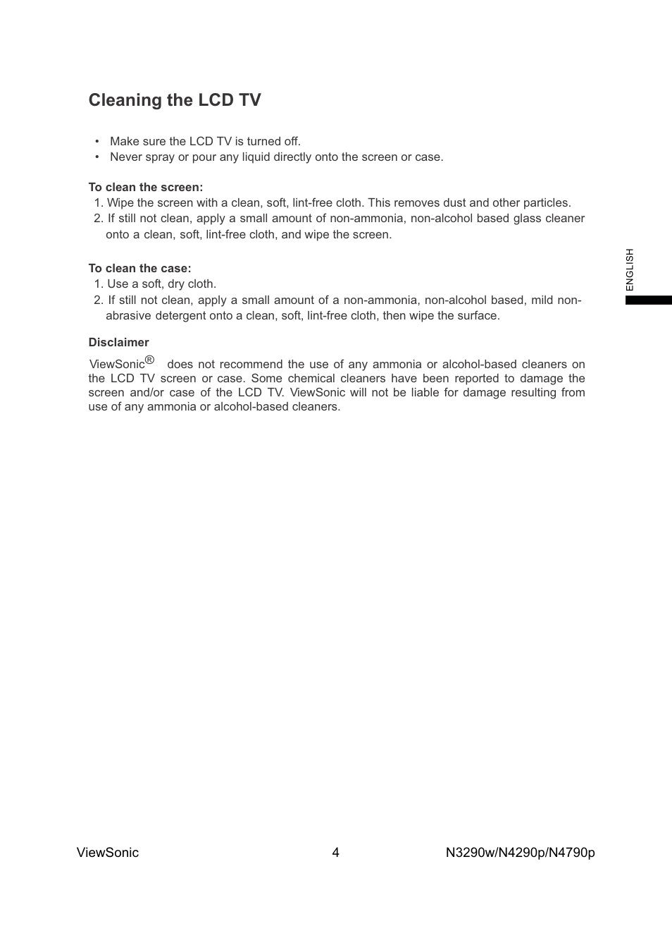 Cleaning the lcd tv | VIEWSONIC VS12279-1G User Manual | Page 6 / 31