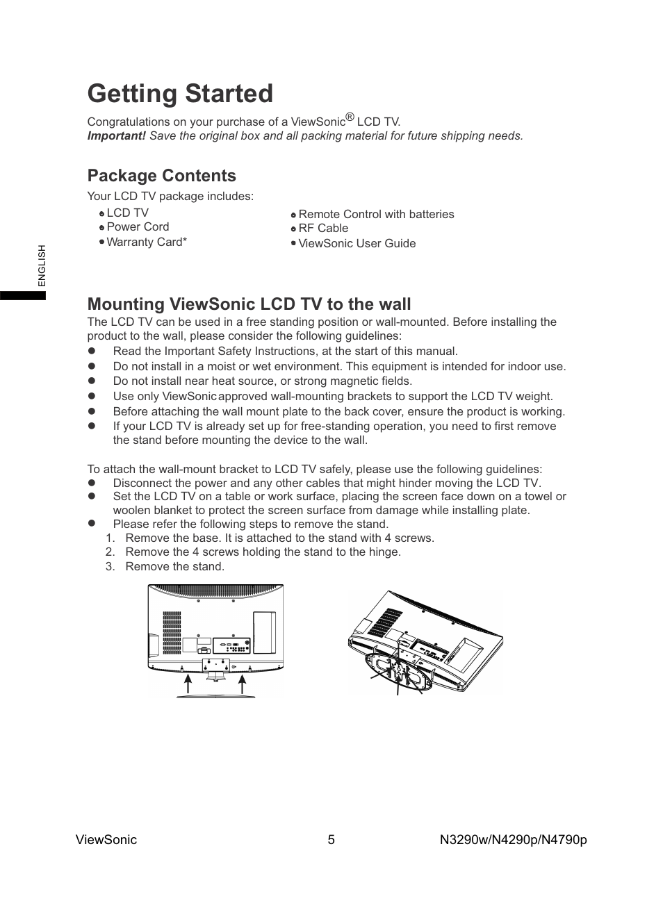 Getting started, Package contents, Mounting viewsonic lcd tv to the wall | VIEWSONIC VS12279-1G User Manual | Page 7 / 31