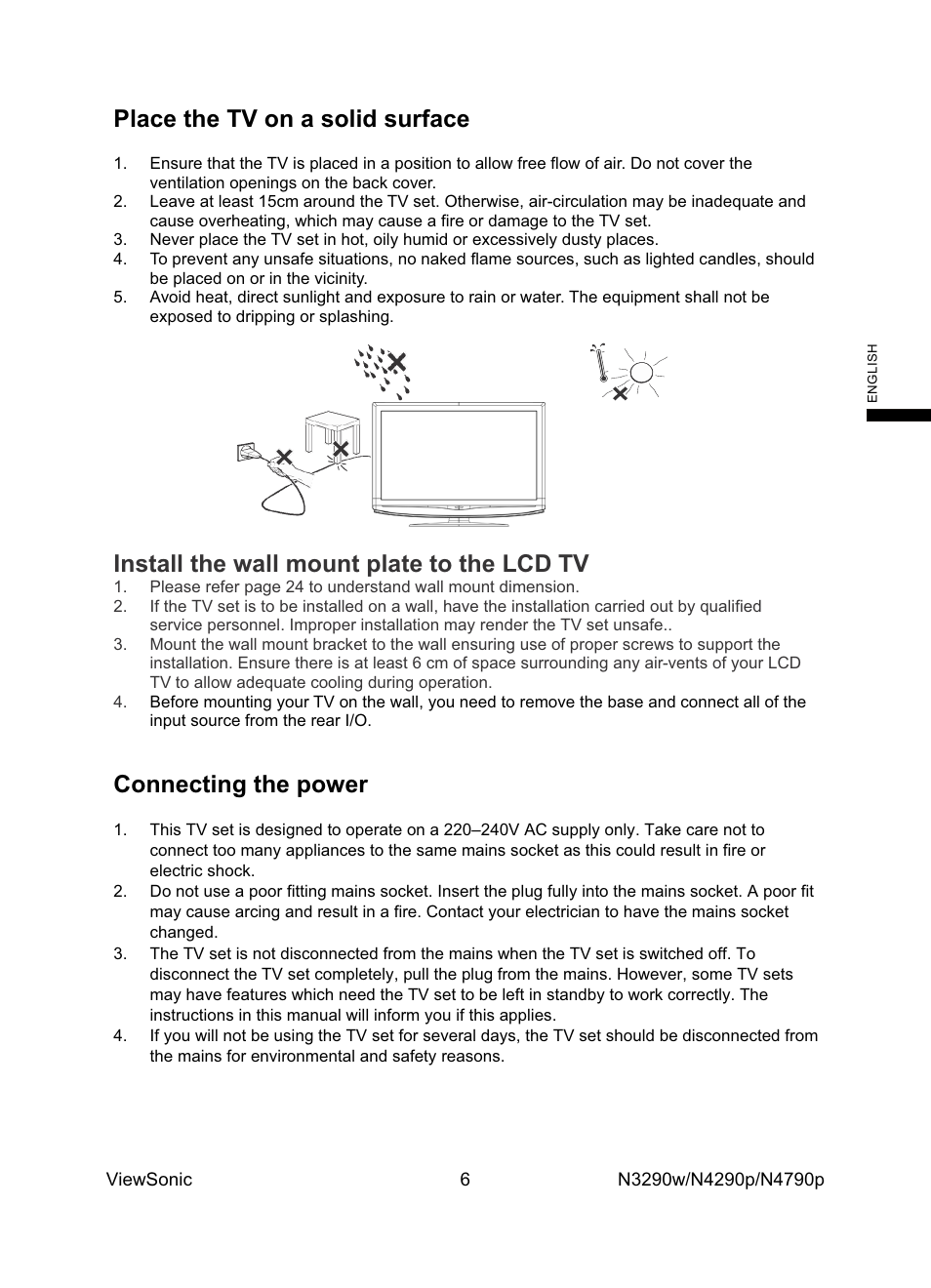 Place the tv on a solid surface, Install the wall mount plate to the lcd tv, Connecting the power | VIEWSONIC VS12279-1G User Manual | Page 8 / 31