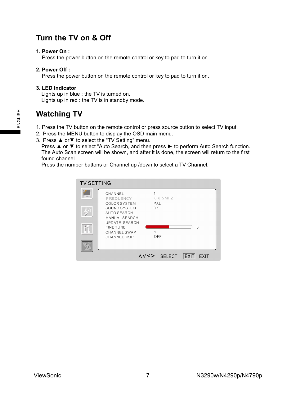 Turn the tv on & off, Watching tv | VIEWSONIC VS12279-1G User Manual | Page 9 / 31