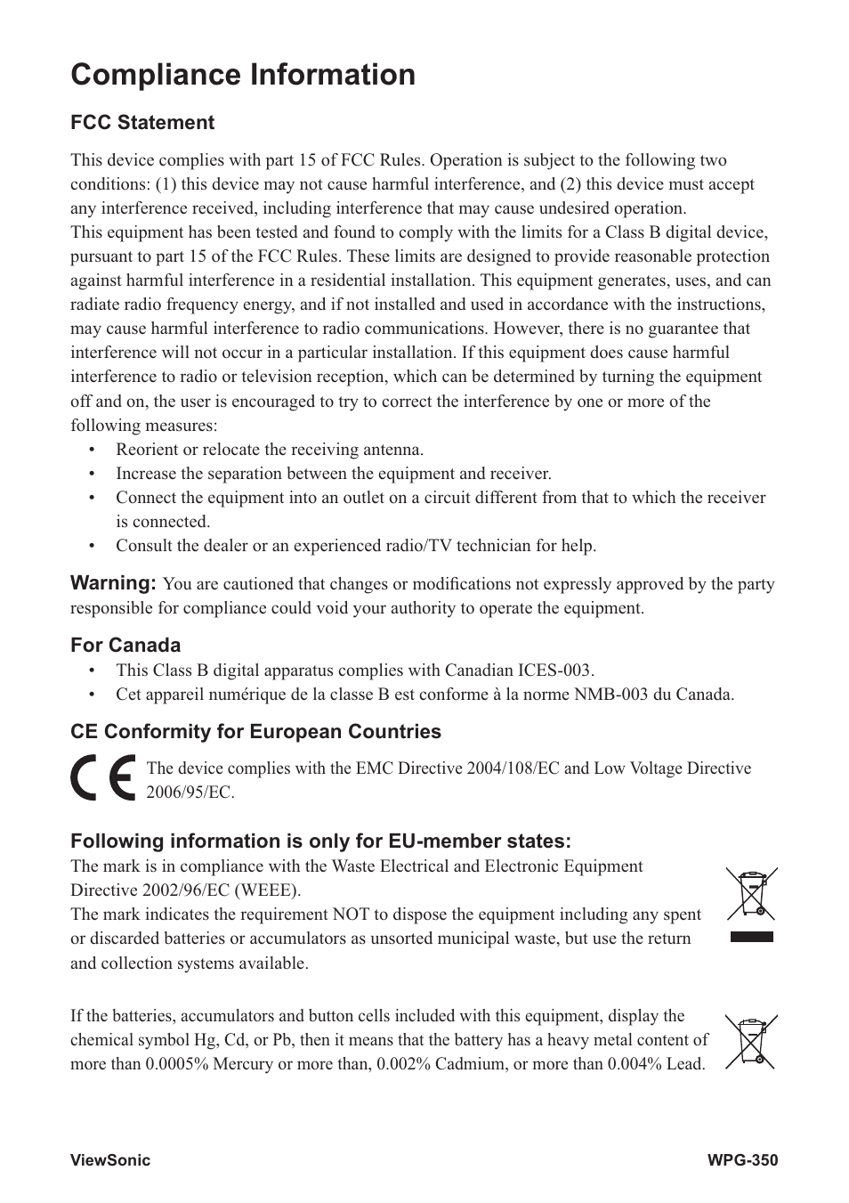 Compliance information | VIEWSONIC Wireless Presentation Gateway WPG-350 VS12526 User Manual | Page 2 / 65