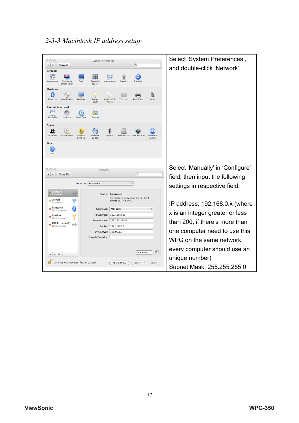 3-3 macintosh ip address setup | VIEWSONIC Wireless Presentation Gateway WPG-350 VS12526 User Manual | Page 22 / 65