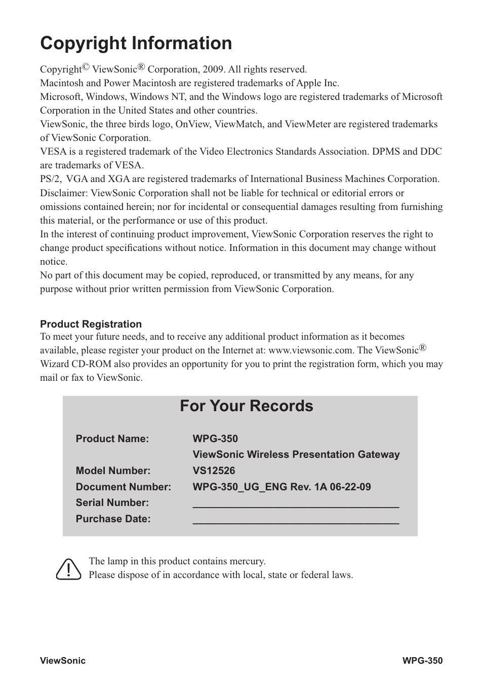 Copyright information, For your records | VIEWSONIC Wireless Presentation Gateway WPG-350 VS12526 User Manual | Page 5 / 65