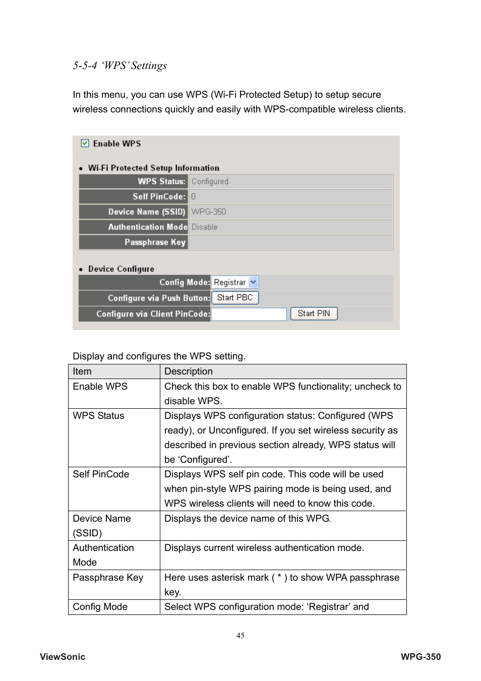 5-4 ‘wps’ settings | VIEWSONIC Wireless Presentation Gateway WPG-350 VS12526 User Manual | Page 50 / 65