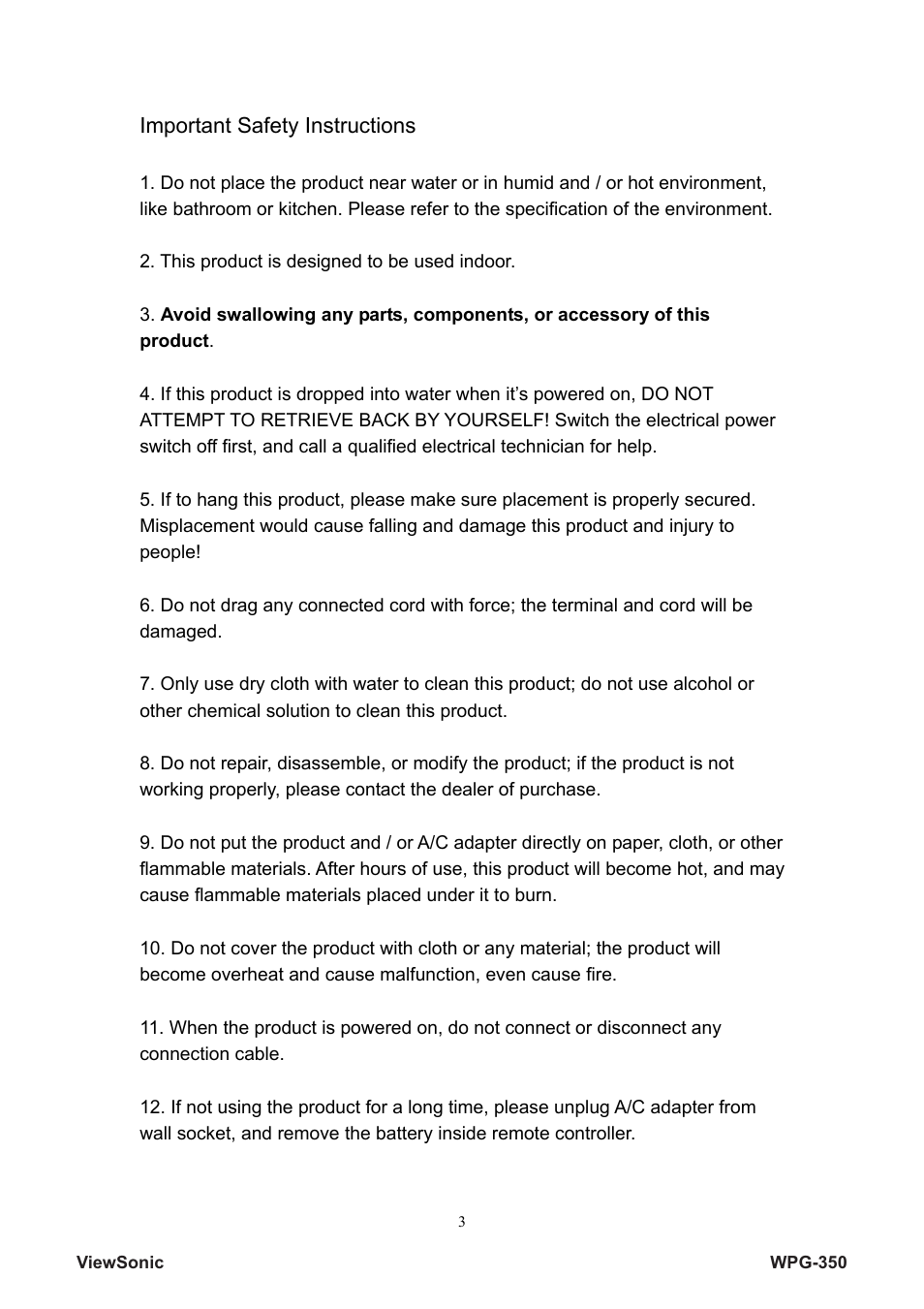 Important safety instructions | VIEWSONIC Wireless Presentation Gateway WPG-350 VS12526 User Manual | Page 8 / 65