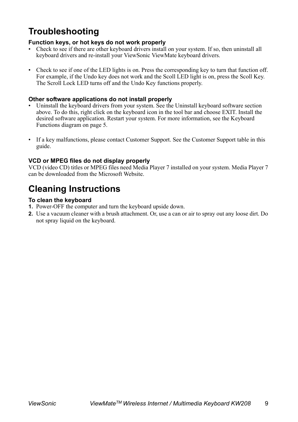 Troubleshooting, Cleaning instructions | VIEWSONIC ViewMate KW208 User Manual | Page 10 / 13