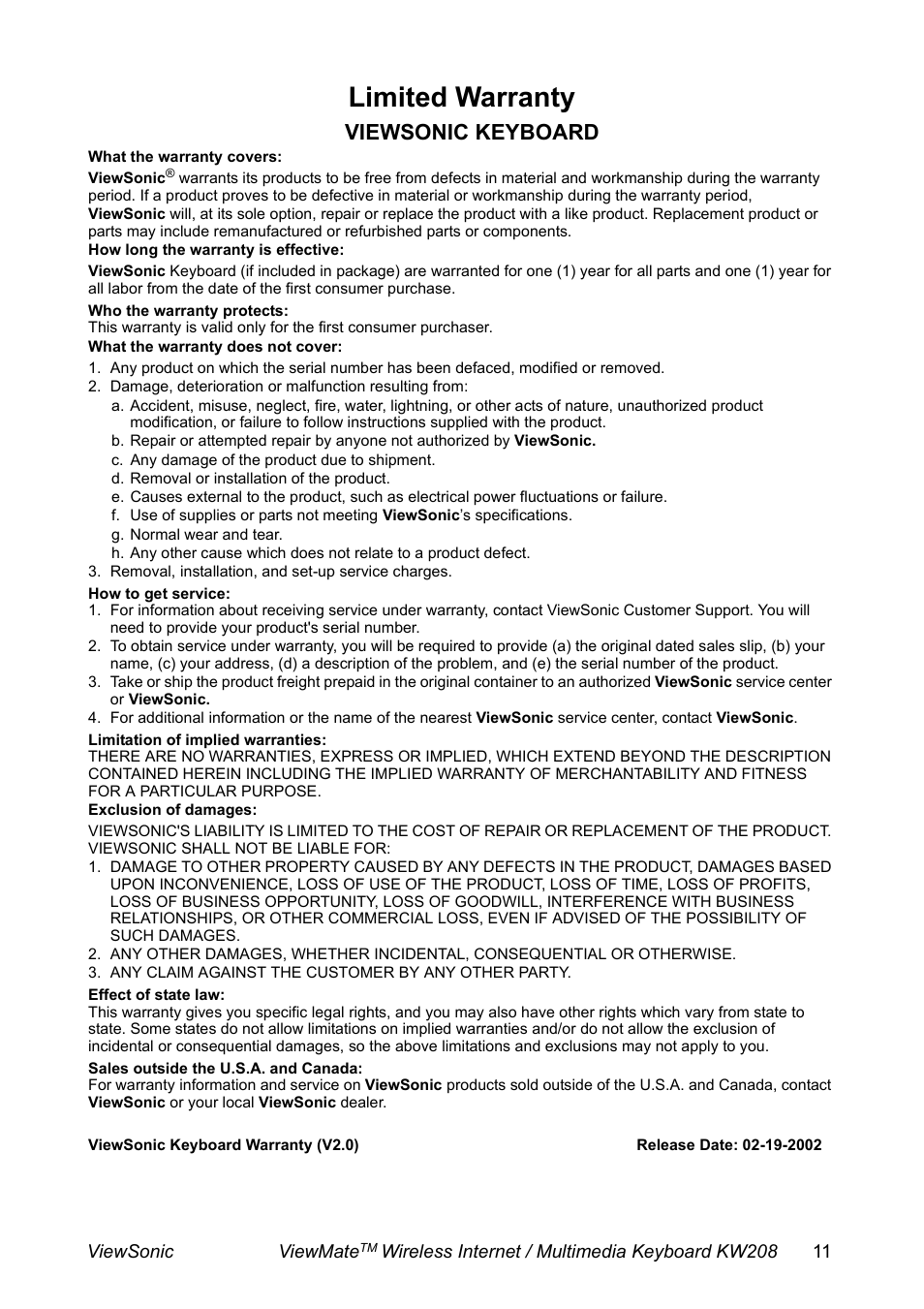 Limited warranty, Viewsonic keyboard, C. any damage of the product due to shipment | D. removal or installation of the product, G. normal wear and tear, Removal, installation, and set-up service charges, Any claim against the customer by any other party | VIEWSONIC ViewMate KW208 User Manual | Page 12 / 13