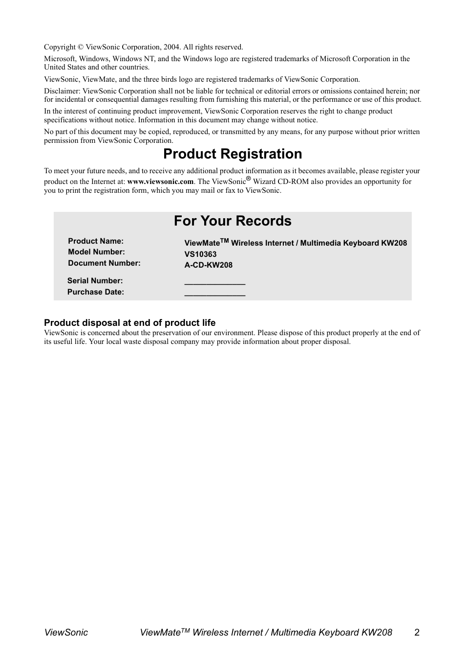 Product registration, For your records | VIEWSONIC ViewMate KW208 User Manual | Page 3 / 13