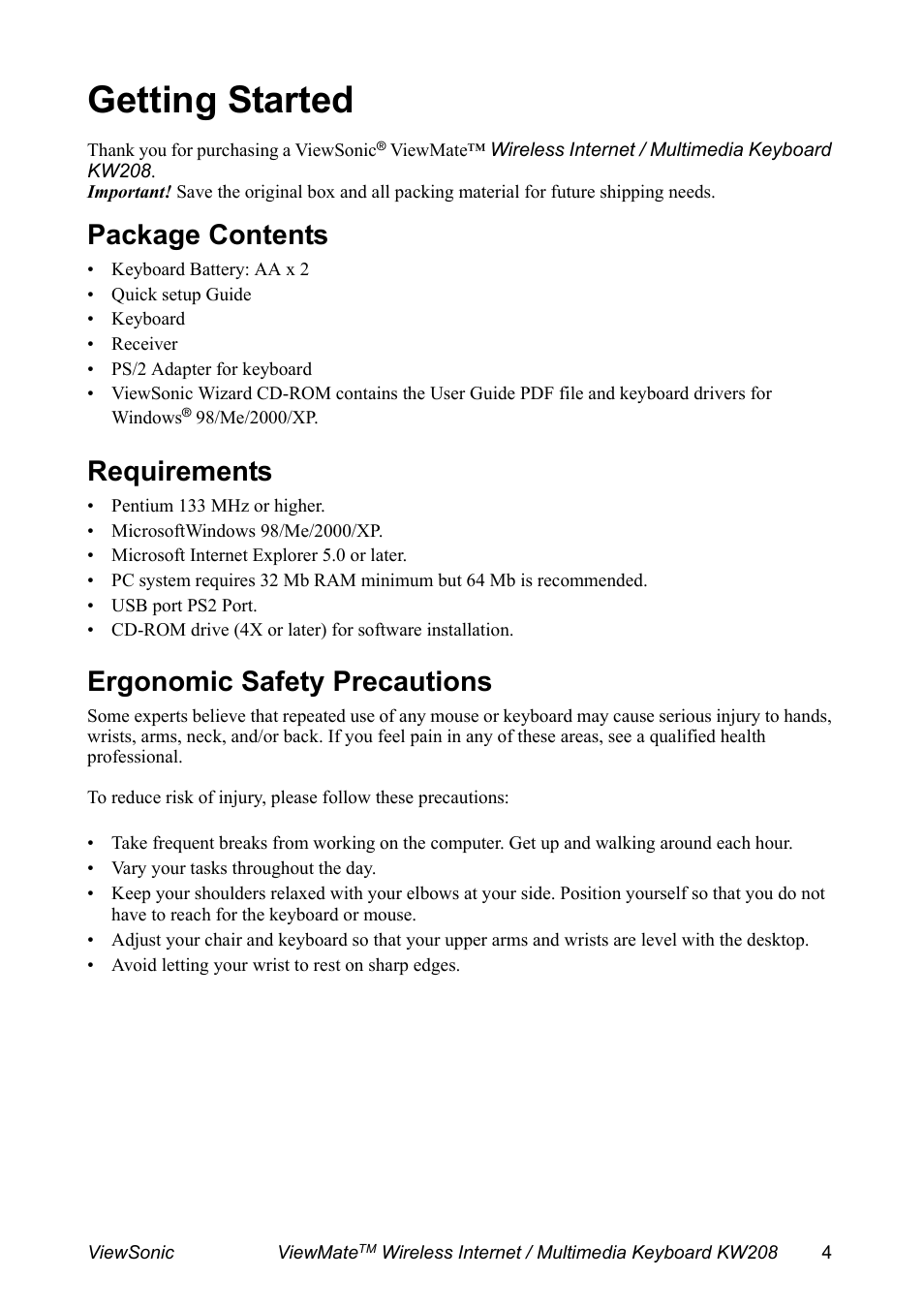 Getting started, Package contents, Requirements | Ergonomic safety precautions | VIEWSONIC ViewMate KW208 User Manual | Page 5 / 13