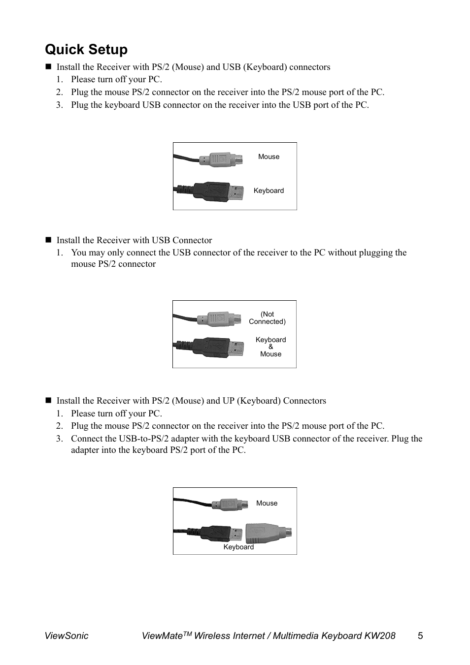 Quick setup, Please turn off your pc, Keyboard | Connected), Mouse | VIEWSONIC ViewMate KW208 User Manual | Page 6 / 13