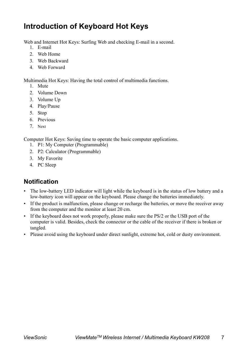 Introduction of keyboard hot keys, E-mail, Web home | Web backward, Web forward, Mute, Volume down, Volume up, Play/pause, Stop | VIEWSONIC ViewMate KW208 User Manual | Page 8 / 13