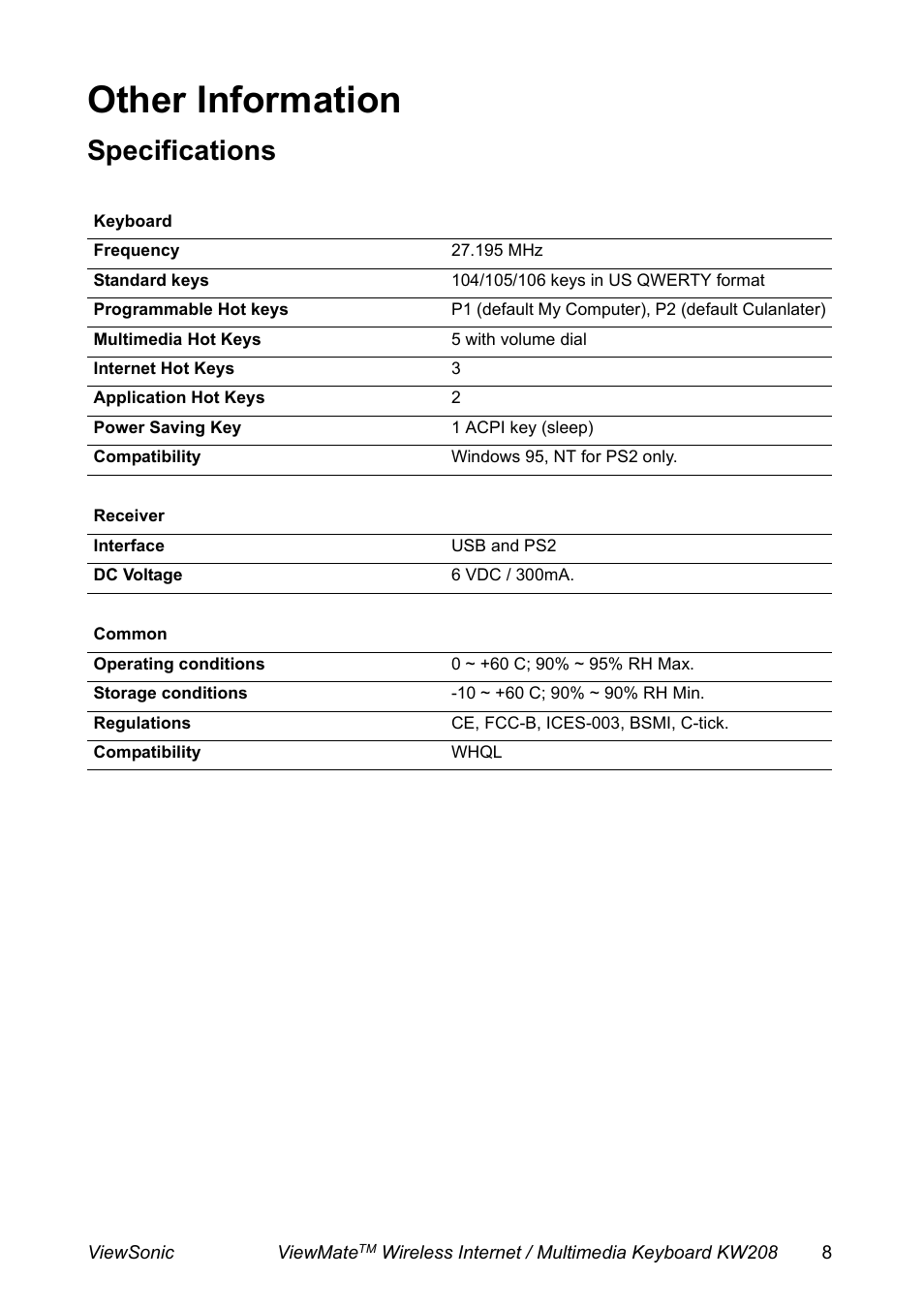 Other information, Specifications | VIEWSONIC ViewMate KW208 User Manual | Page 9 / 13