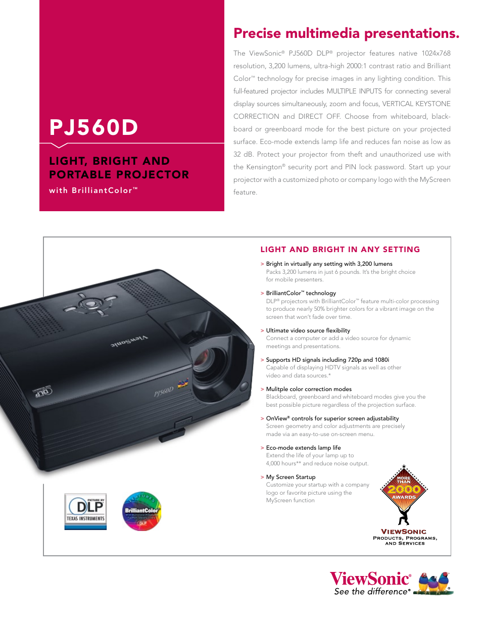 VIEWSONIC BRILLIANTCOLOR PJ560D User Manual | 2 pages