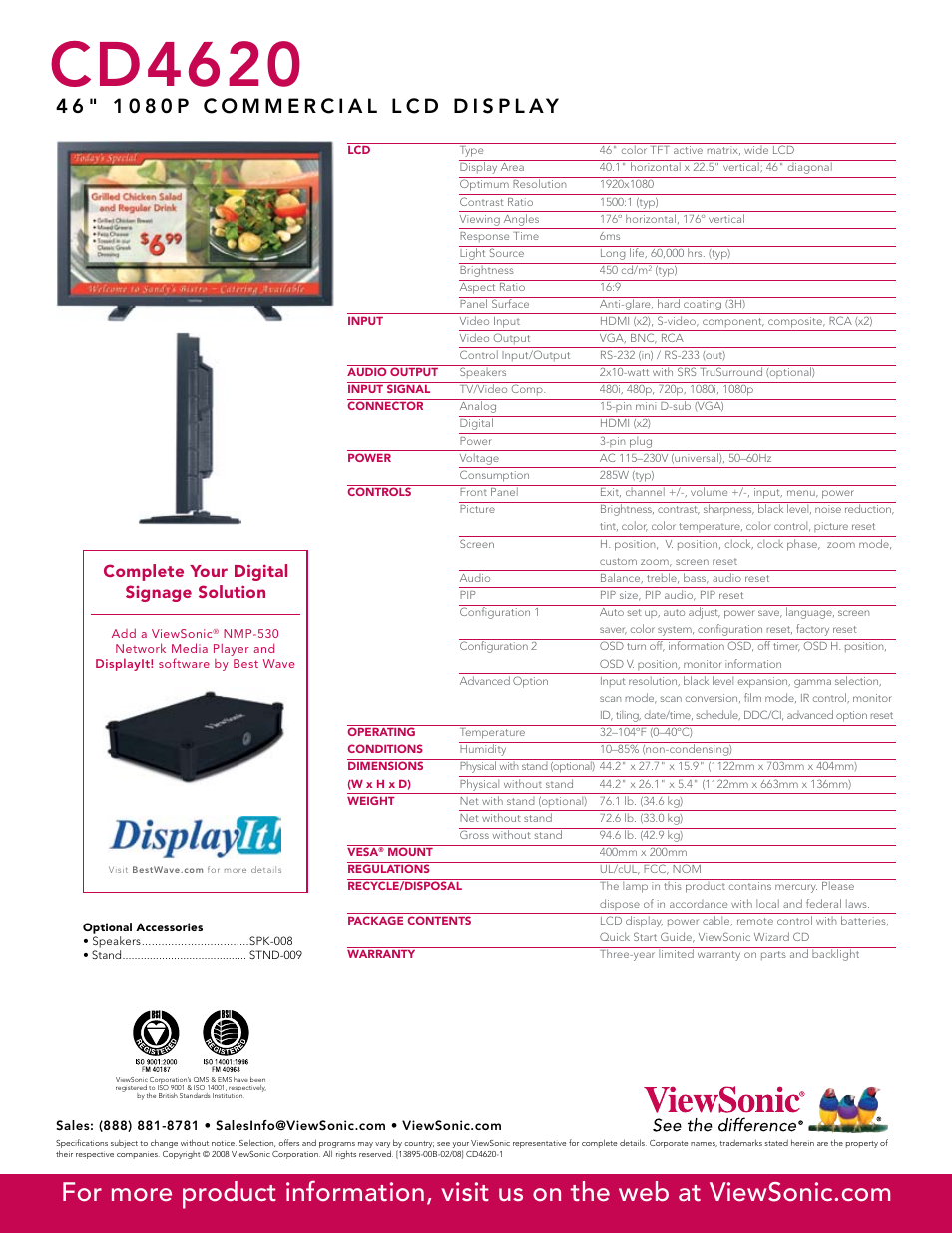 Cd4620, Complete your digital signage solution | VIEWSONIC CD4620 User Manual | Page 2 / 2
