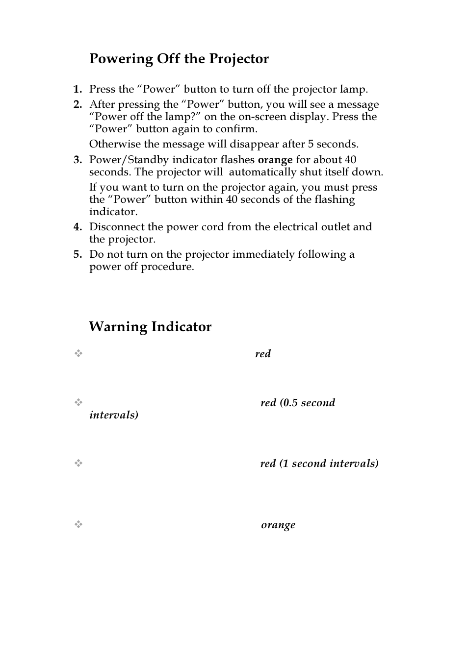 Powering off the projector, Warning indicator | VIEWSONIC PJ255D User Manual | Page 12 / 34