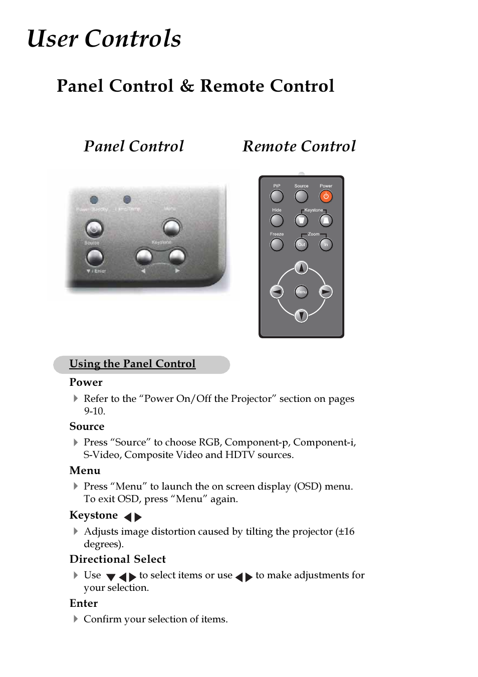 User controls, Panel control & remote control, Remote control panel control | VIEWSONIC PJ255D User Manual | Page 15 / 34