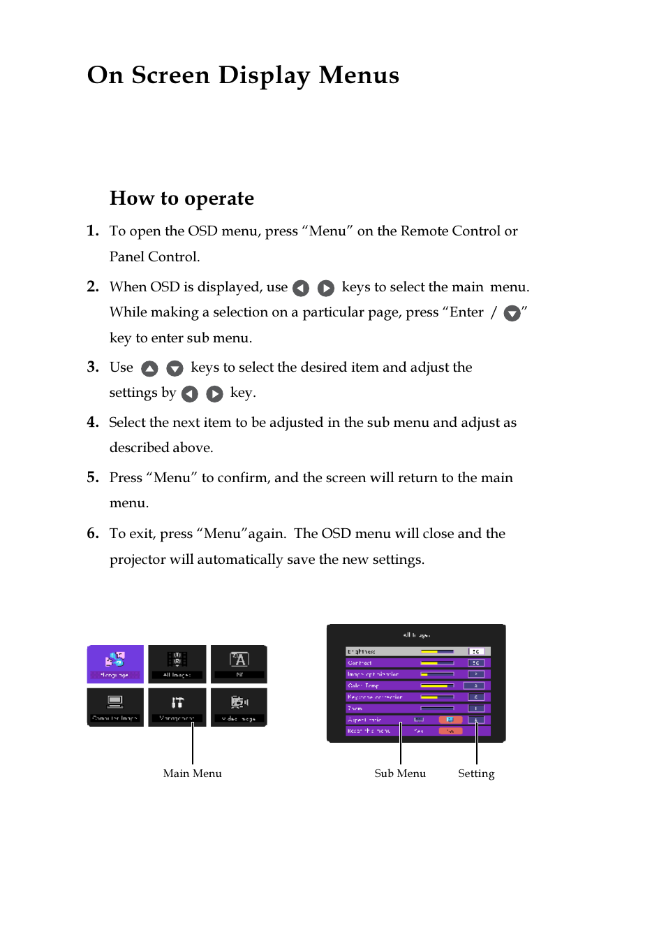 On screen display menus, How to operate | VIEWSONIC PJ255D User Manual | Page 17 / 34