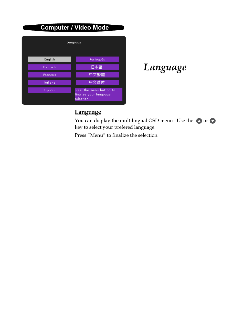 Language | VIEWSONIC PJ255D User Manual | Page 18 / 34