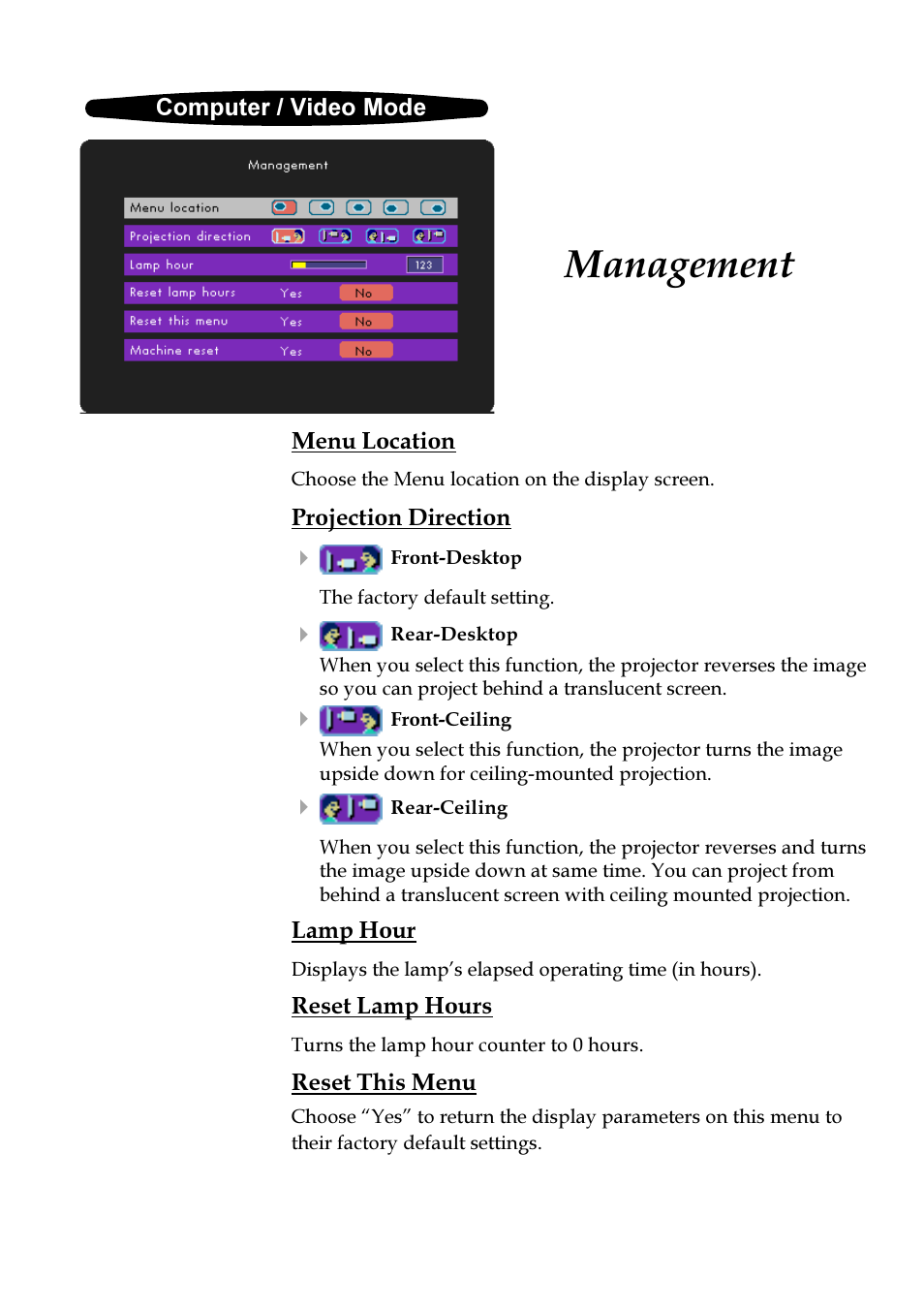 Management | VIEWSONIC PJ255D User Manual | Page 23 / 34