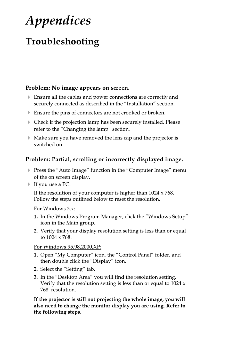 Appendices, Troubleshooting | VIEWSONIC PJ255D User Manual | Page 26 / 34