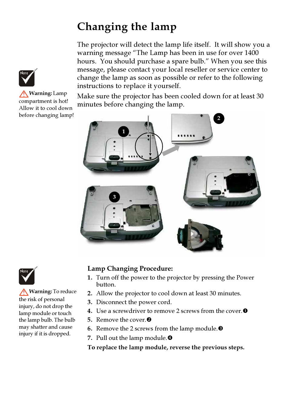 Changing the lamp | VIEWSONIC PJ255D User Manual | Page 29 / 34