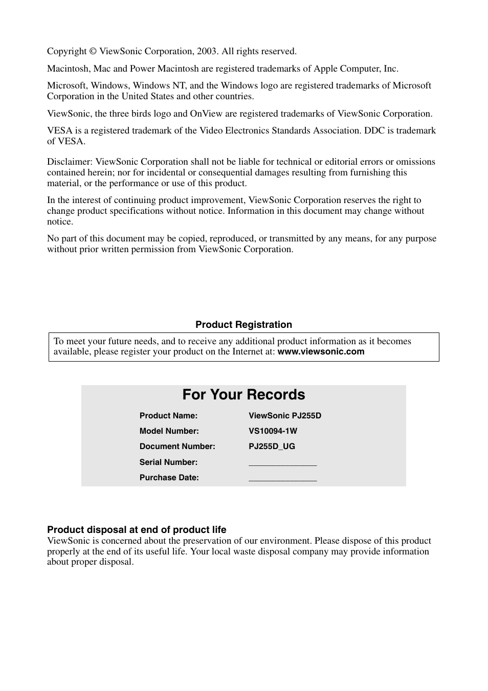 For your records | VIEWSONIC PJ255D User Manual | Page 3 / 34