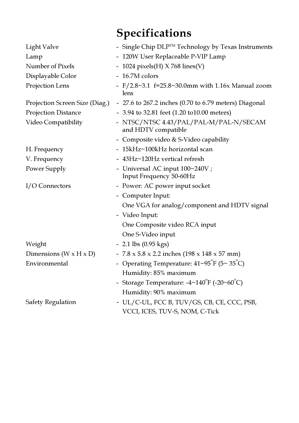 Specifications | VIEWSONIC PJ255D User Manual | Page 30 / 34