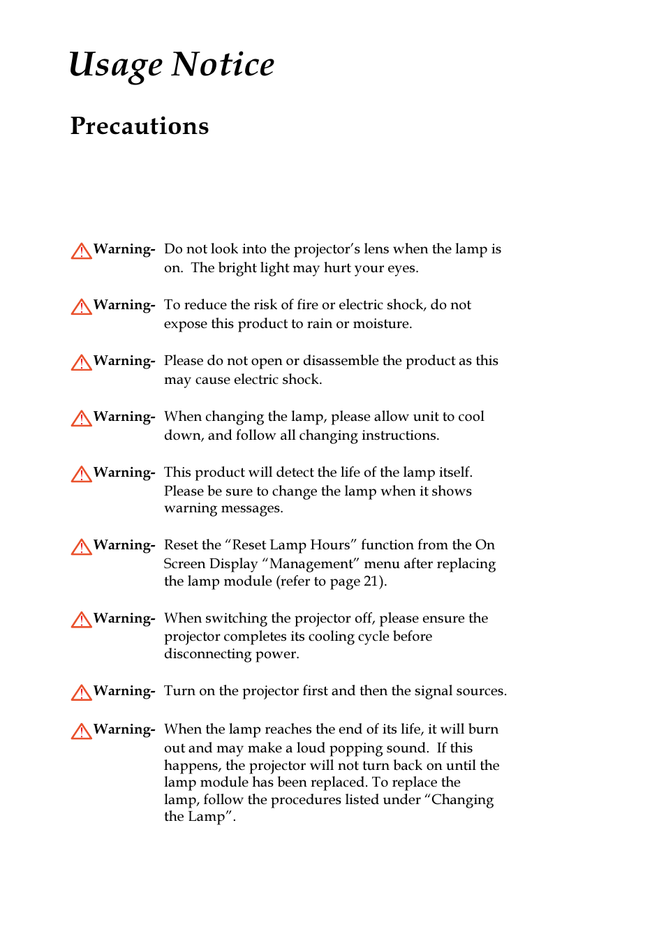 Usage notice, Precautions | VIEWSONIC PJ255D User Manual | Page 4 / 34