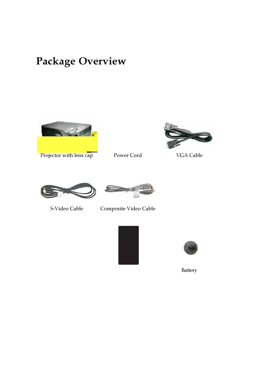 Package overview | VIEWSONIC PJ255D User Manual | Page 6 / 34