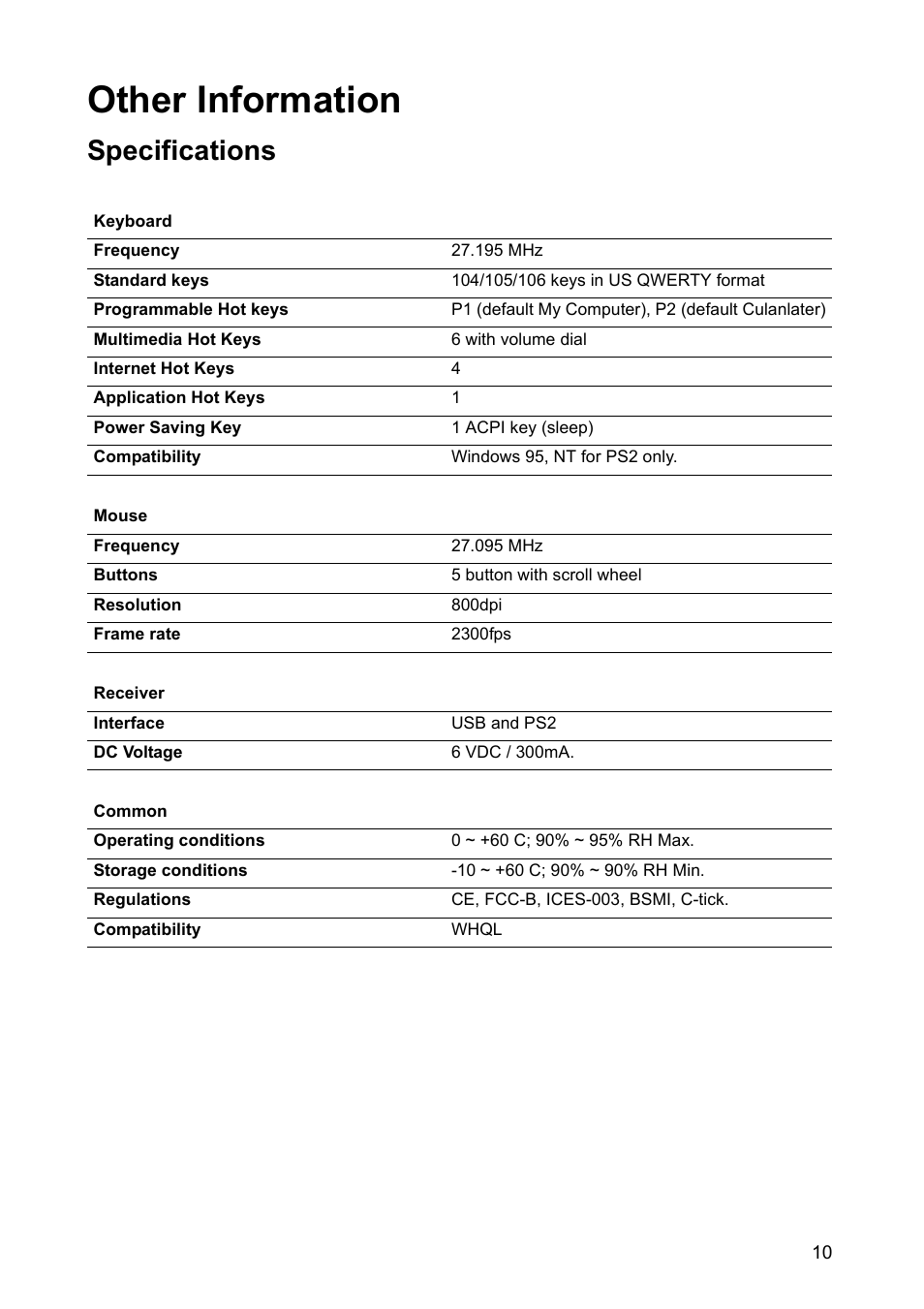 Other information, Specifications | VIEWSONIC CW2403 User Manual | Page 11 / 15