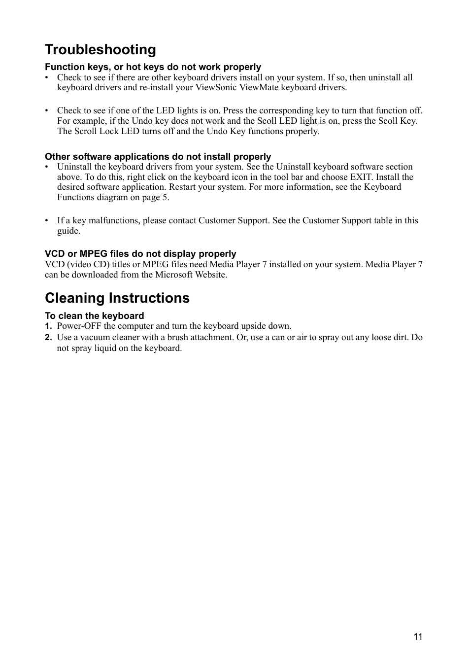 Troubleshooting, Cleaning instructions | VIEWSONIC CW2403 User Manual | Page 12 / 15