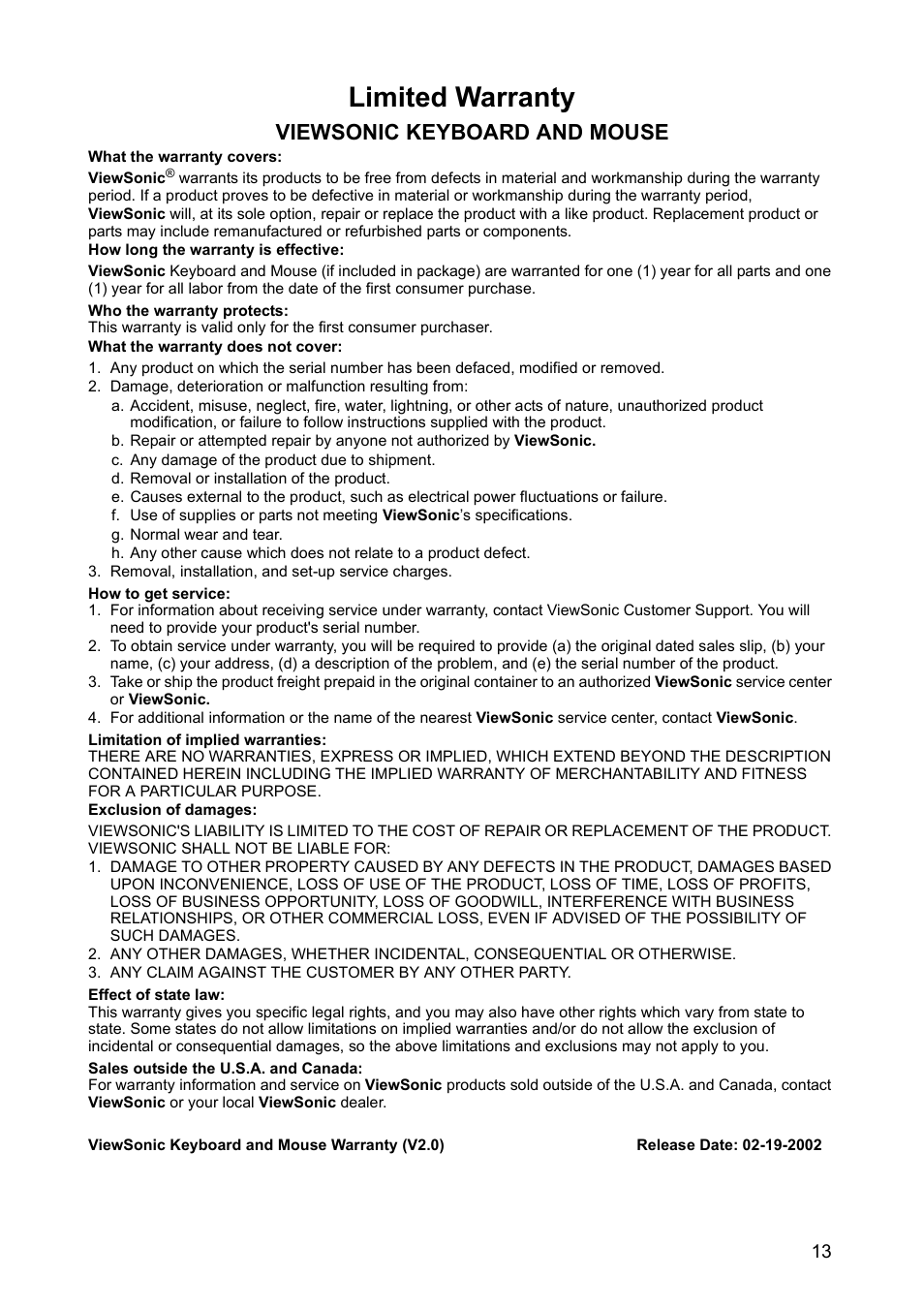 Limited warranty, Viewsonic keyboard and mouse | VIEWSONIC CW2403 User Manual | Page 14 / 15
