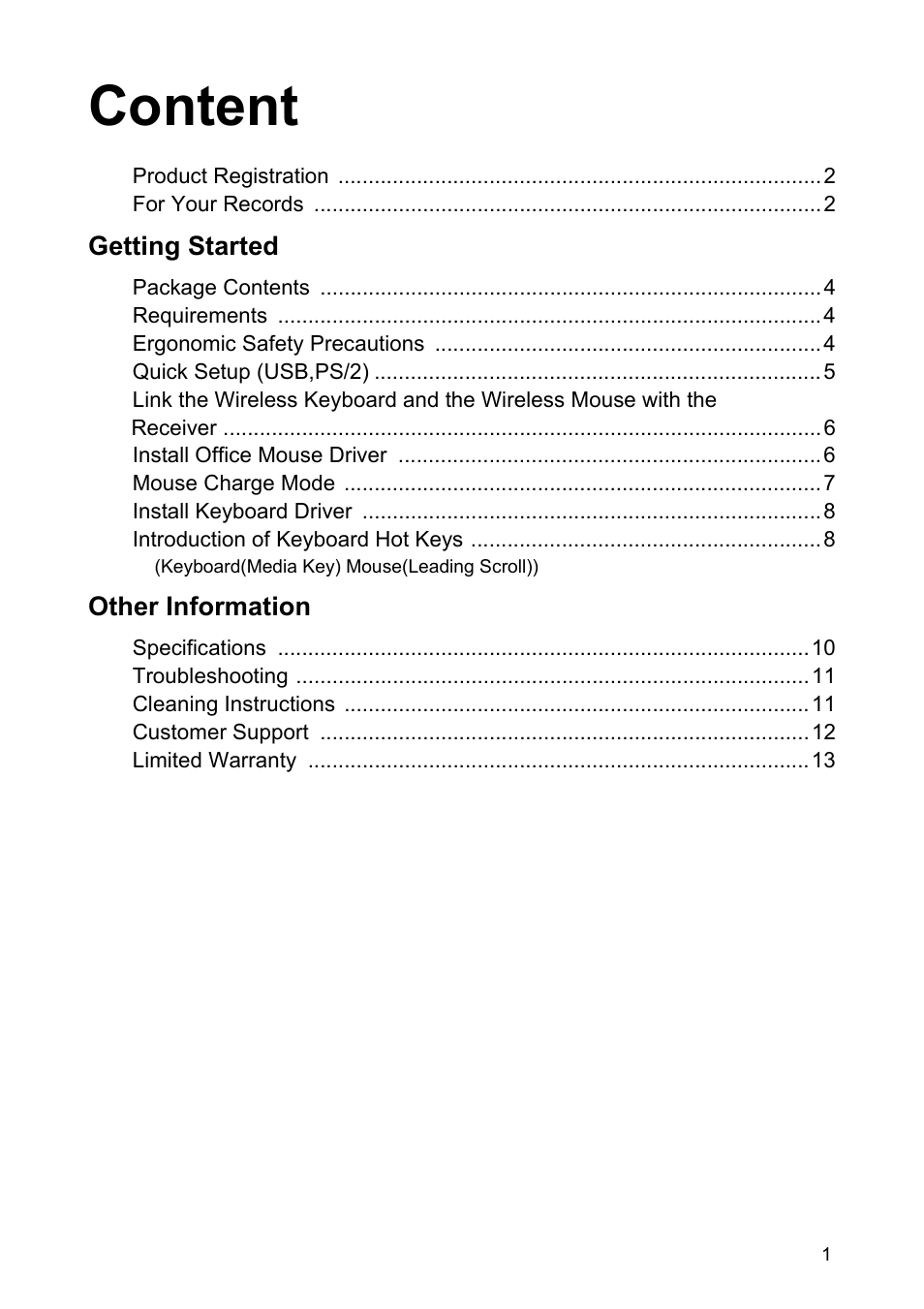 Content, Product registration 2, For your records 2 | Getting started, Package contents 4, Requirements 4, Ergonomic safety precautions 4, Quick setup (usb,ps/2) 5, Install office mouse driver 6, Mouse charge mode 7 | VIEWSONIC CW2403 User Manual | Page 2 / 15