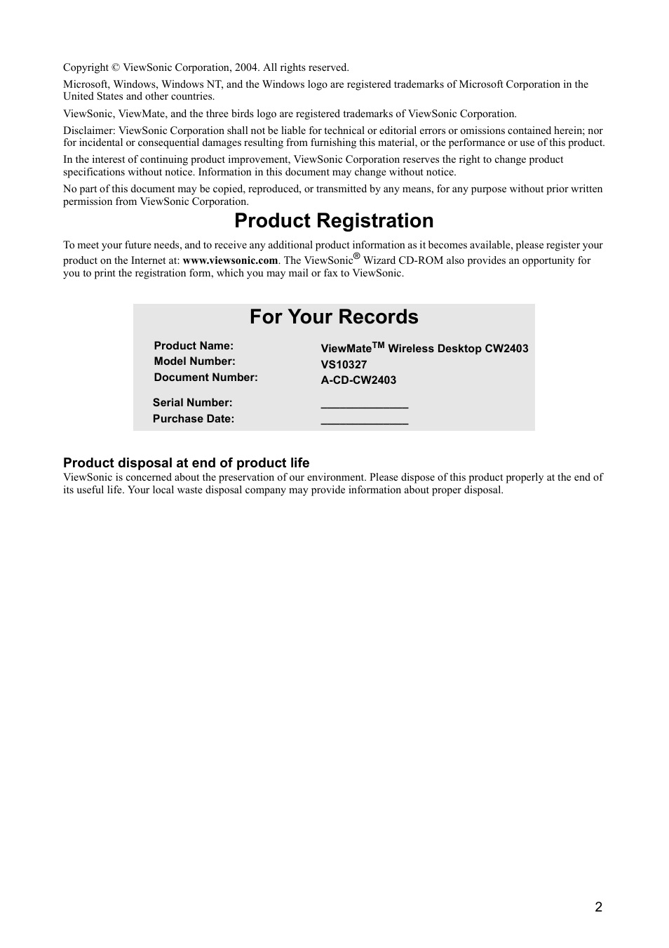 Product registration, For your records | VIEWSONIC CW2403 User Manual | Page 3 / 15