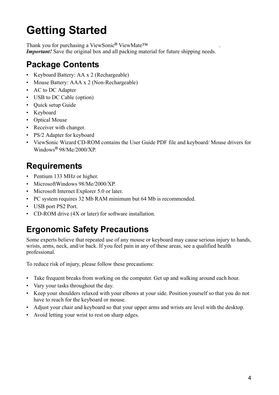 Getting started, Package contents, Requirements | Ergonomic safety precautions | VIEWSONIC CW2403 User Manual | Page 5 / 15