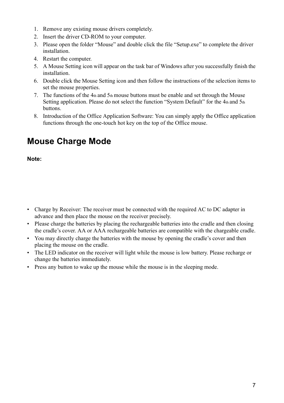 Remove any existing mouse drivers completely, Insert the driver cd-rom to your computer, Restart the computer | Mouse charge mode | VIEWSONIC CW2403 User Manual | Page 8 / 15