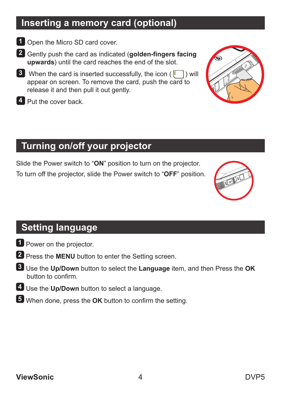 Turning on/off your projector, Setting language | VIEWSONIC VS13783 User Manual | Page 10 / 37