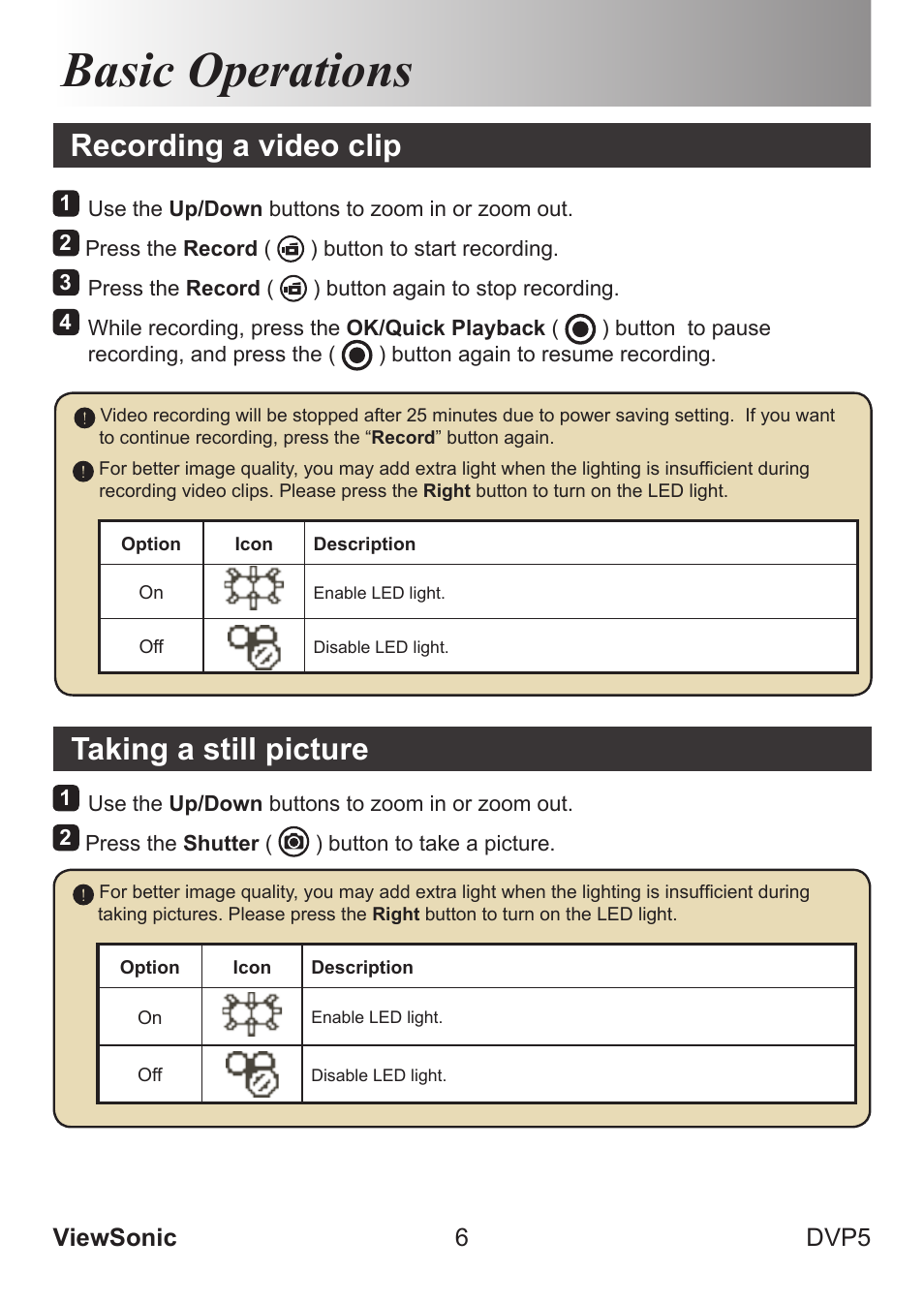Basic operations, Recording a video clip, Taking a still picture | Viewsonic 6 dvp5 | VIEWSONIC VS13783 User Manual | Page 12 / 37