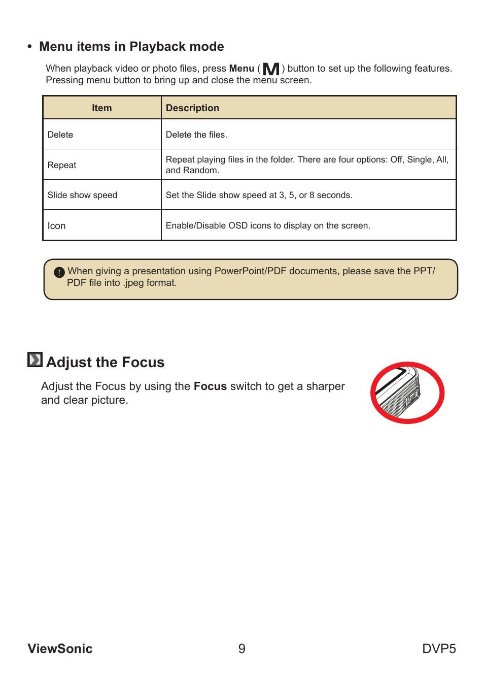 Adjust the focus, Viewsonic 9 dvp5 • menu items in playback mode | VIEWSONIC VS13783 User Manual | Page 15 / 37