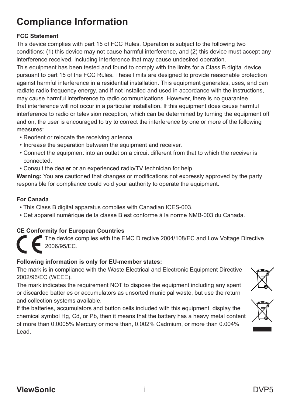 Compliance information, Viewsonic i dvp5 | VIEWSONIC VS13783 User Manual | Page 2 / 37